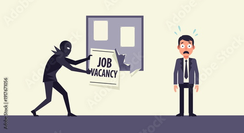 Worried businessman sees job vacancy poster torn down by dark figure