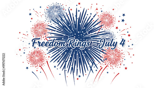 American Independence Day firework icon, Freedom Rings July 4th celebration symbol. Patriotic explosive burst design element. Vector illustration for 4th of July, USA national holiday