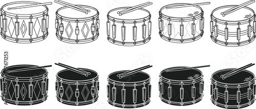 Set of snare drum and marching drum illustrations featuring detailed line art and black silhouettes with drumsticks isolated on white background for musical design