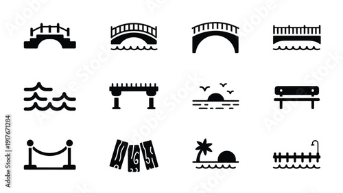 Black and white icons depicting various bridge designs and waterfront elements