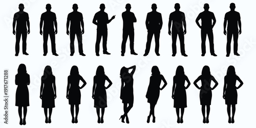 Assortment of male and female silhouettes in standing poses on white background Keywords: silhouette, people, man, woman