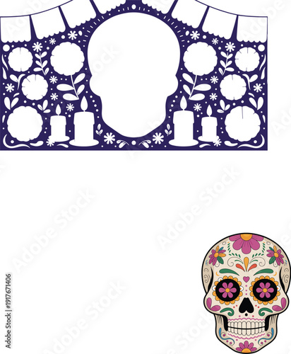 A colorful sugar skull decorated with flowers and swirls for Day of the Dead
