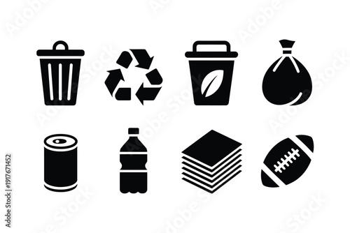 Black and white icons depicting various types of waste and recyclable materials