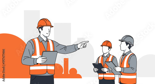 Teamwork and Safety: Workers in hard hats and vests discuss plans on a blueprint.