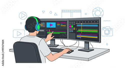 Video Editor Working on Dual Monitors with Editing Software and Headphones