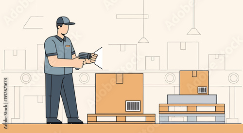 Warehouse Worker Scanning Packages on Conveyor Belt with Barcode Reader