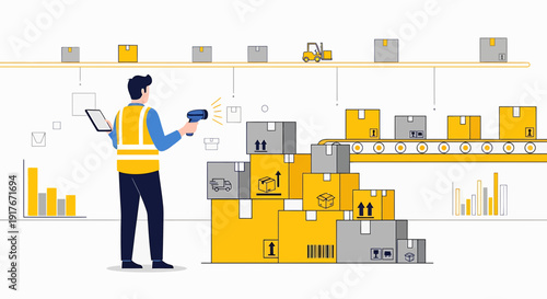 Warehouse worker scanning packages on conveyor belt with forklift and charts