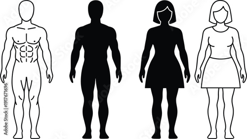 Black And White Silhouettes Of Male And Female Human Figures Keywords: human, male, female, silhouette, outline, body, figure