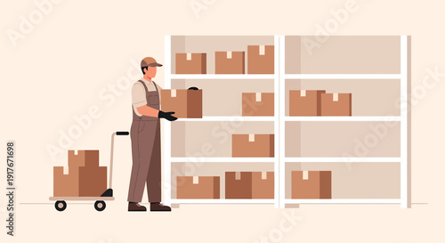 Warehouse worker with cart and boxes on shelves, storage and logistics illustration