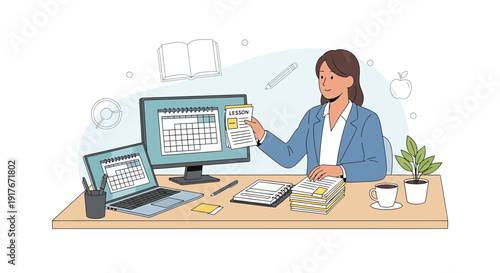 Woman organizing schedule at desk with computer, laptop, and calendar