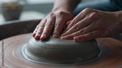 Extreme Close Up of Hands Shaping Wet Clay on a Spinning Pottery Wheel