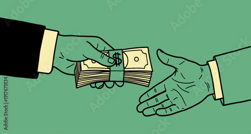 hand passing a stack of cash money to another hand, business, financial illustration
