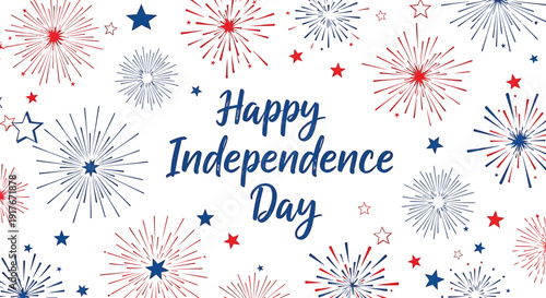 Patriotic fireworks icon collection. Includes stars, explosions, red, white, and blue colors. Created in vector style with festive palette.