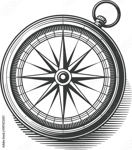 A detailed illustration of a vintage compass on a white background