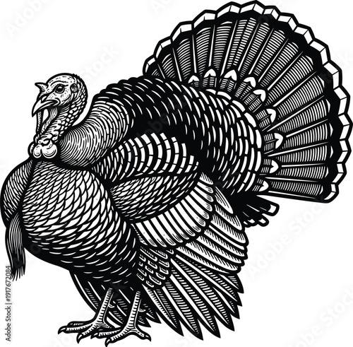 Vintage Black and White Hand Drawn Vector Illustration of a Wild Turkey Bird with Detailed Feathers Isolated on White Background for Thanksgiving Design