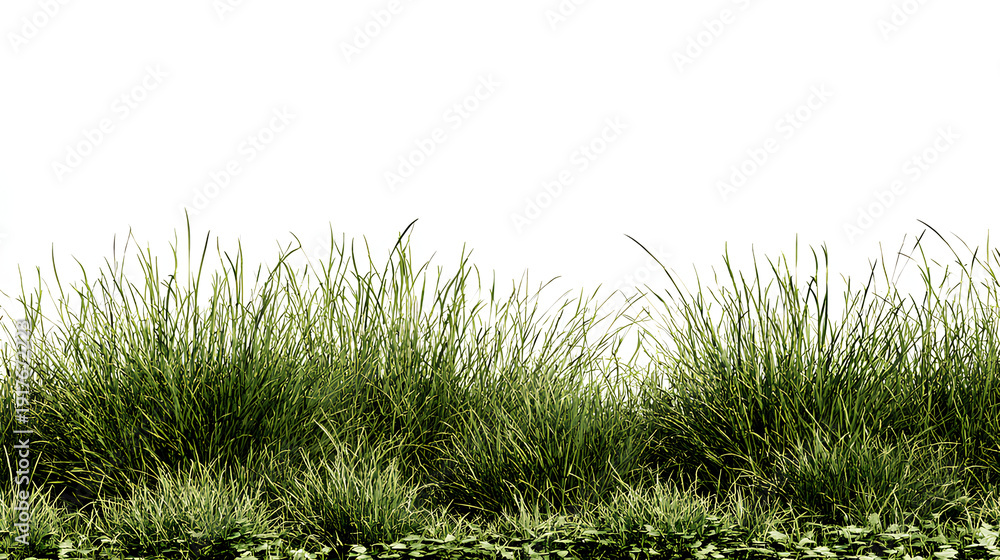 Fototapeta premium grass isolated on white background/Dense green grass and natural ground vegetation forming a fresh, wild meadow texture on a white background. Stock Illustration