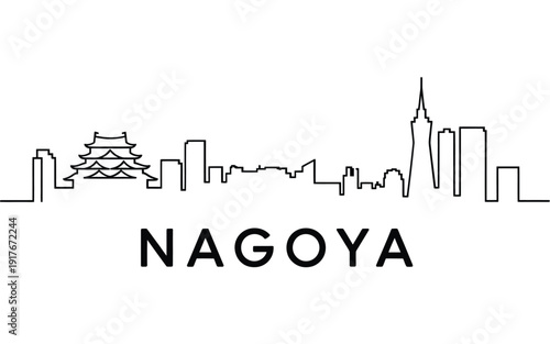A minimalist line drawing of nagoya s skyline with the city s name below