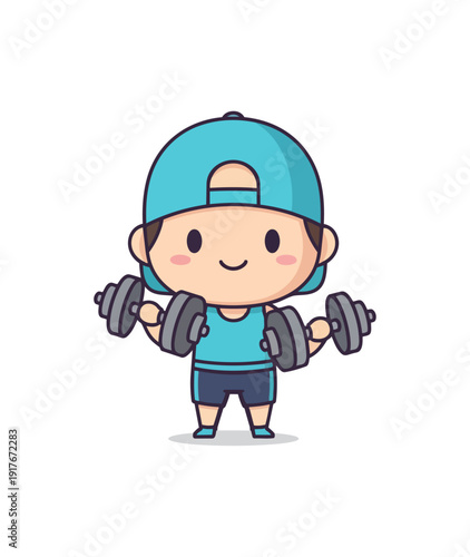 Cartoon athlete lifting dumbbells fitness training exercise
