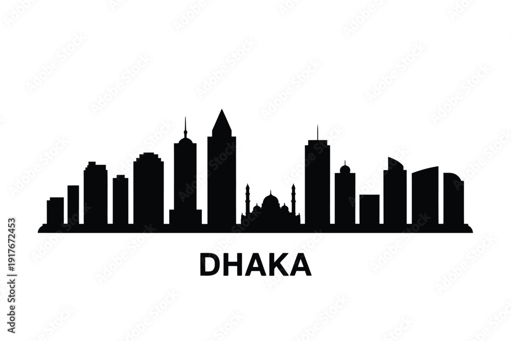 Obraz premium A striking black silhouette of the dhaka cityscape with its name displayed