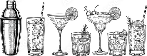 Vintage engraved cocktail set illustration featuring shaker, martini, margarita and whiskey glasses with ice and citrus garnish isolated on white background