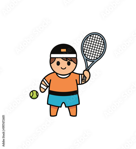 Cartoon tennis player with racket and ball on black background