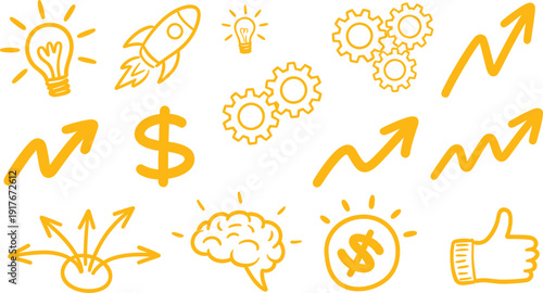 A collection of business and finance icons on a white background