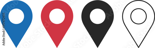 A set of colorful location pins on a white background