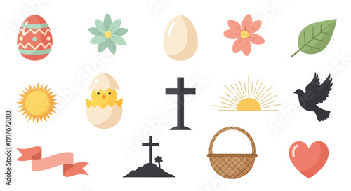 A collection of Easter and Christian symbols including eggs, crosses, a chick, flowers, a dove, and a basket.