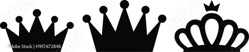 Three black crown icons on a white background for royalty and luxury