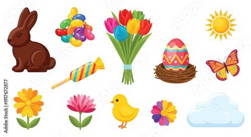 A vibrant collection of Easter-themed illustrations including a chocolate bunny, colorful candies, tulips, an egg in a nest, a chick, flowers, a butterfly, the sun, and a cloud.
