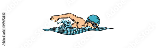 Swimming man performing freestyle stroke in water illustrated