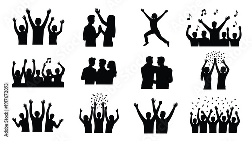 Silhouettes of joyful people celebrating and enjoying a festive occasion