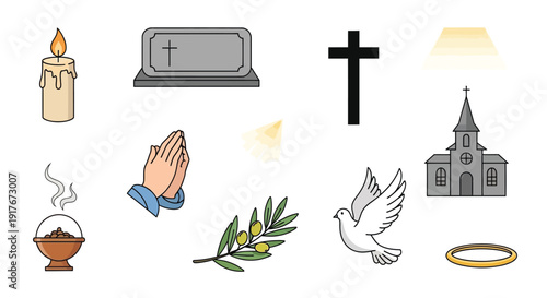 A collection of religious and spiritual symbols including a candle, gravestone, cross, church, dove, and olive branch.