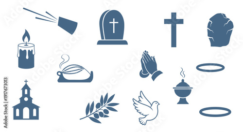 Collection of religious and funeral symbols including a church, candle, gravestone, cross, dove, and olive branch.
