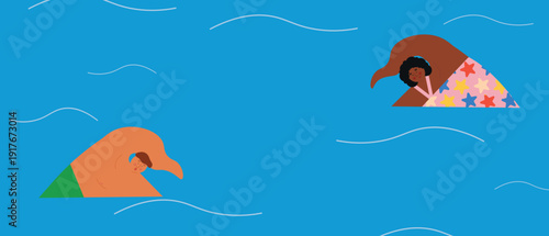 Flat vector illustration of people relaxing and swimming in calm blue water. Minimalistic summer vacation concept with floating characters, clean design and copy space. Perfect for seasonal banners