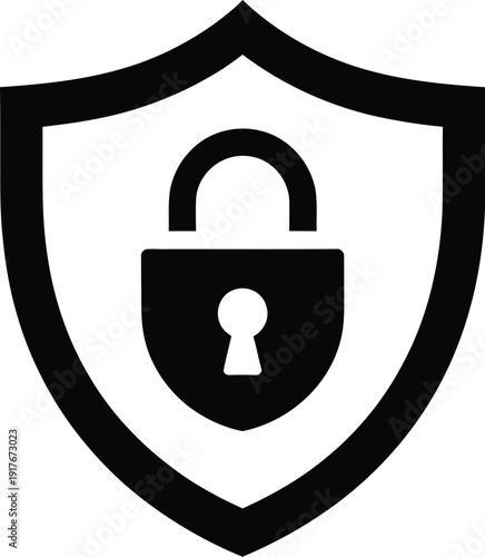 A black shield icon with a padlock on a white background representing security