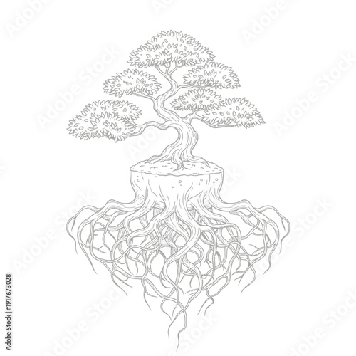 Detailed roots of a bonsai tree.