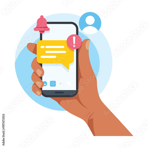 A hand holding a smartphone displaying a notification and message bubble