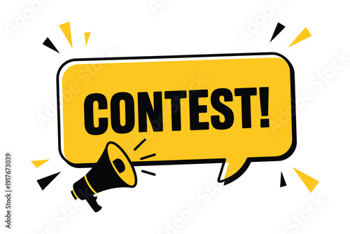 A yellow speech bubble announces a contest with a megaphone illustration