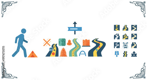 A person walking towards a path with various obstacles and choices, illustrating decision-making and navigation.