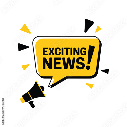 A yellow speech bubble announces exciting news with a black megaphone illustration