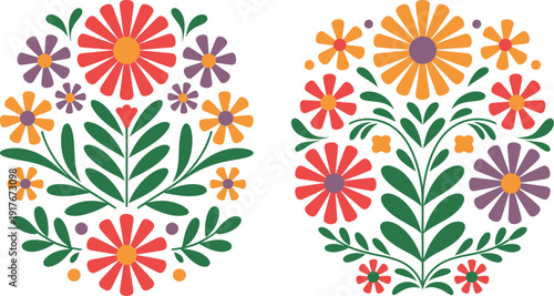 A colorful floral design with vibrant flowers and green leaves on a white background