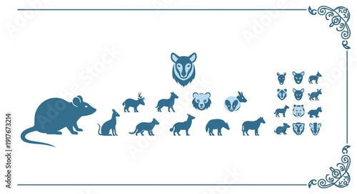 Collection of stylized animal silhouettes and icons, including a large mouse, various wild and domestic animals, and shield emblems.