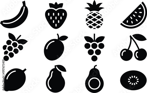 A collection of various fruit icons in black and white