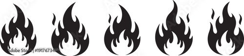 Set of Black Fire Flame Icons, Flat Silhouette Vector Illustrations Isolated on  - stock vector.