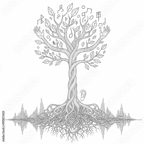 Tree with music notes and symbols.