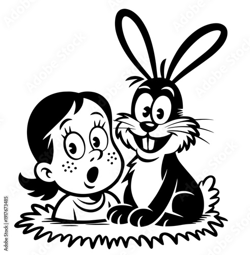 cute girl holding a little bunny doodle sketch
