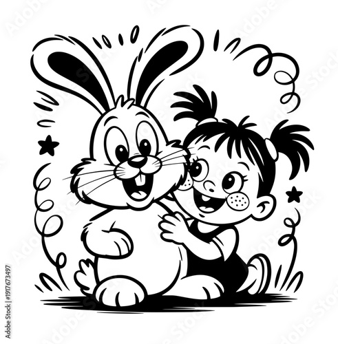 cute girl holding a little bunny doodle sketch
