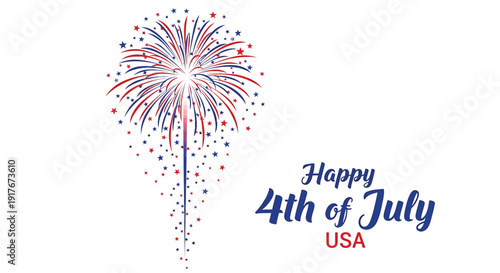 Patriotic 4th of July firework icon with Happy 4th of July USA text, vector illustration.