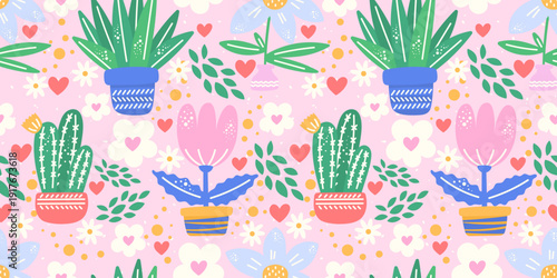 Cute flower pattern combining abstract blooms, hearts, and a light boho mood. Suitable for childrens textiles, romantic stationery, and trendy interior decor.